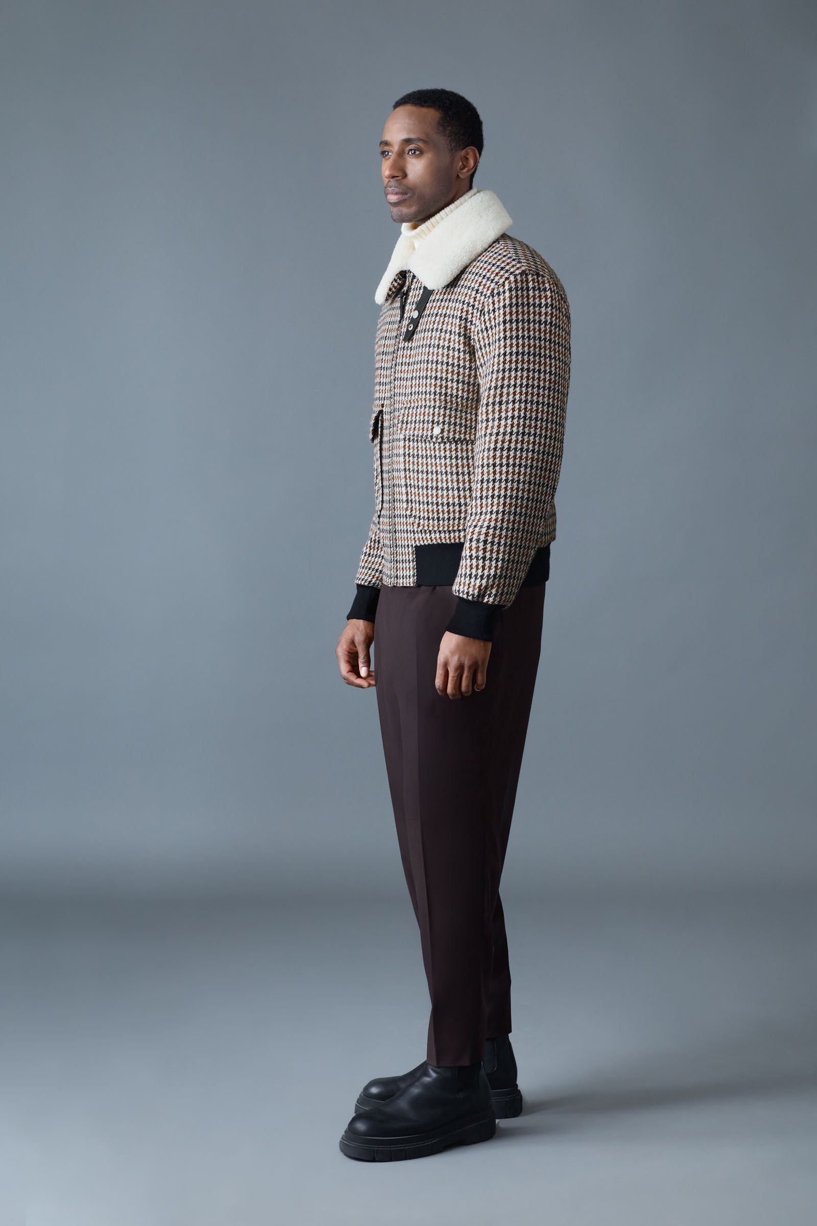 RHETT-HT Houndstooth Wool Bomber with Shearling Collar for Men