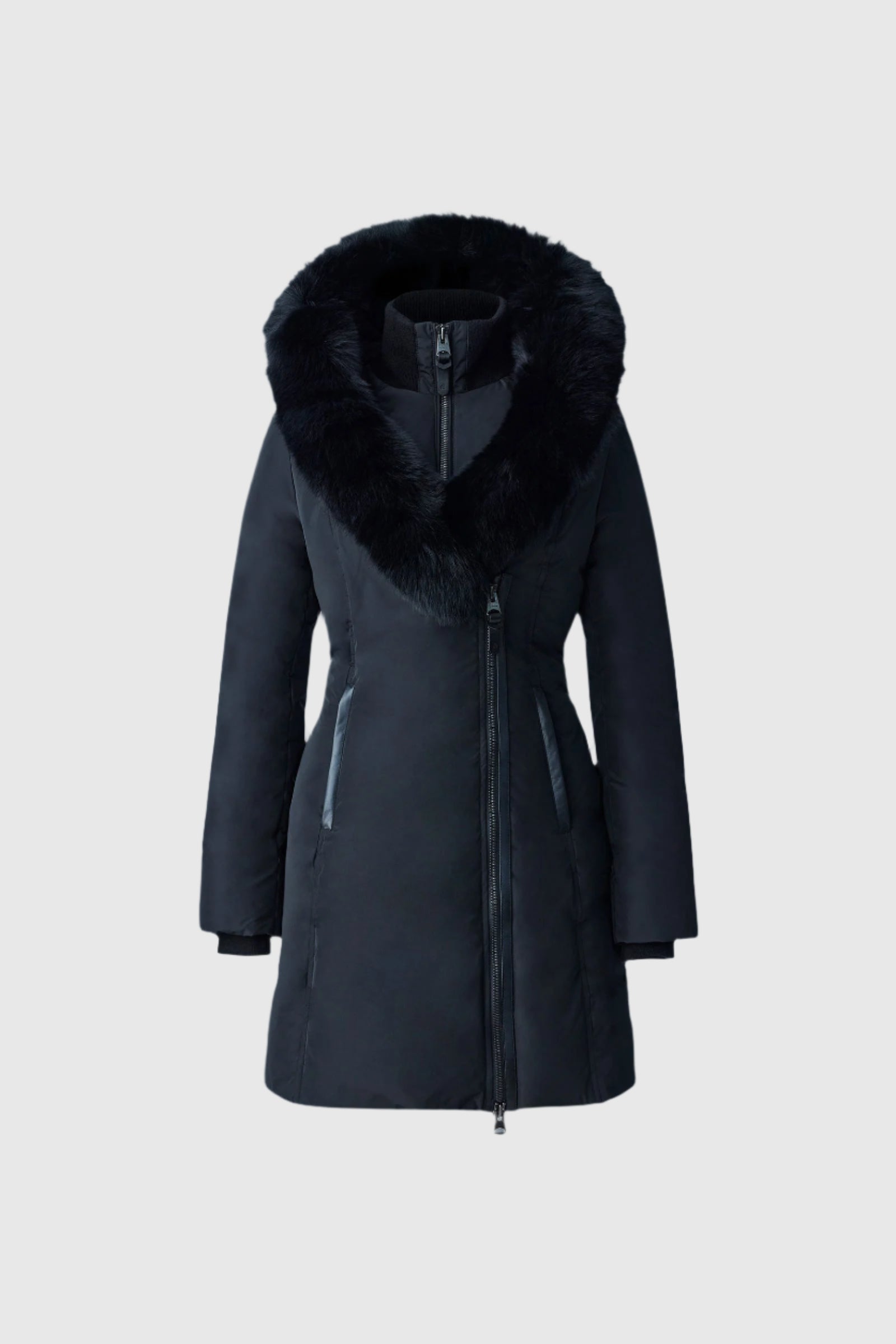 Kay-BX, Down coat with blue fox fur Signature Mackage Collar for
