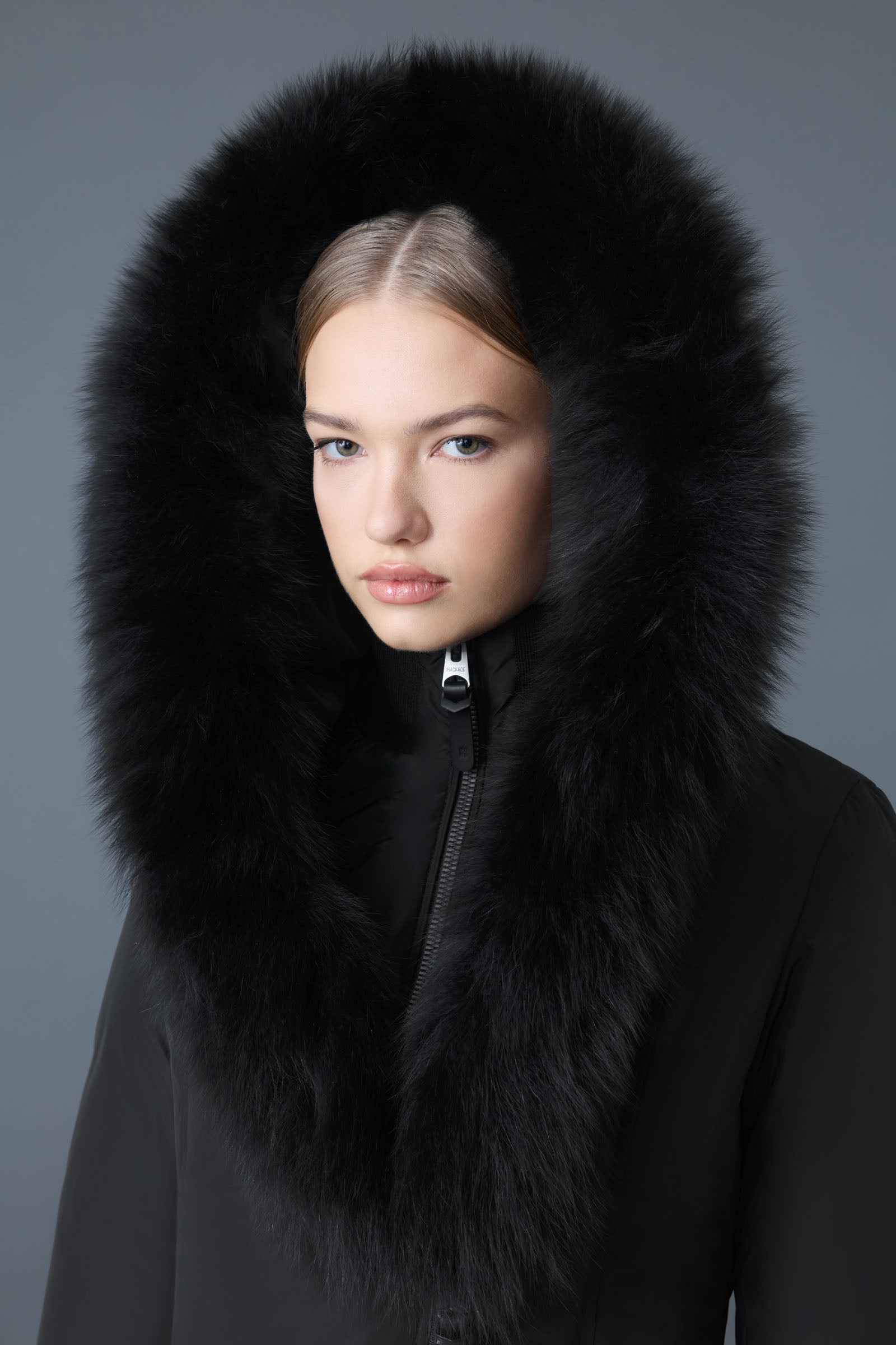ADALI-BX Down coat with blue fur for Women | Mackage® CA