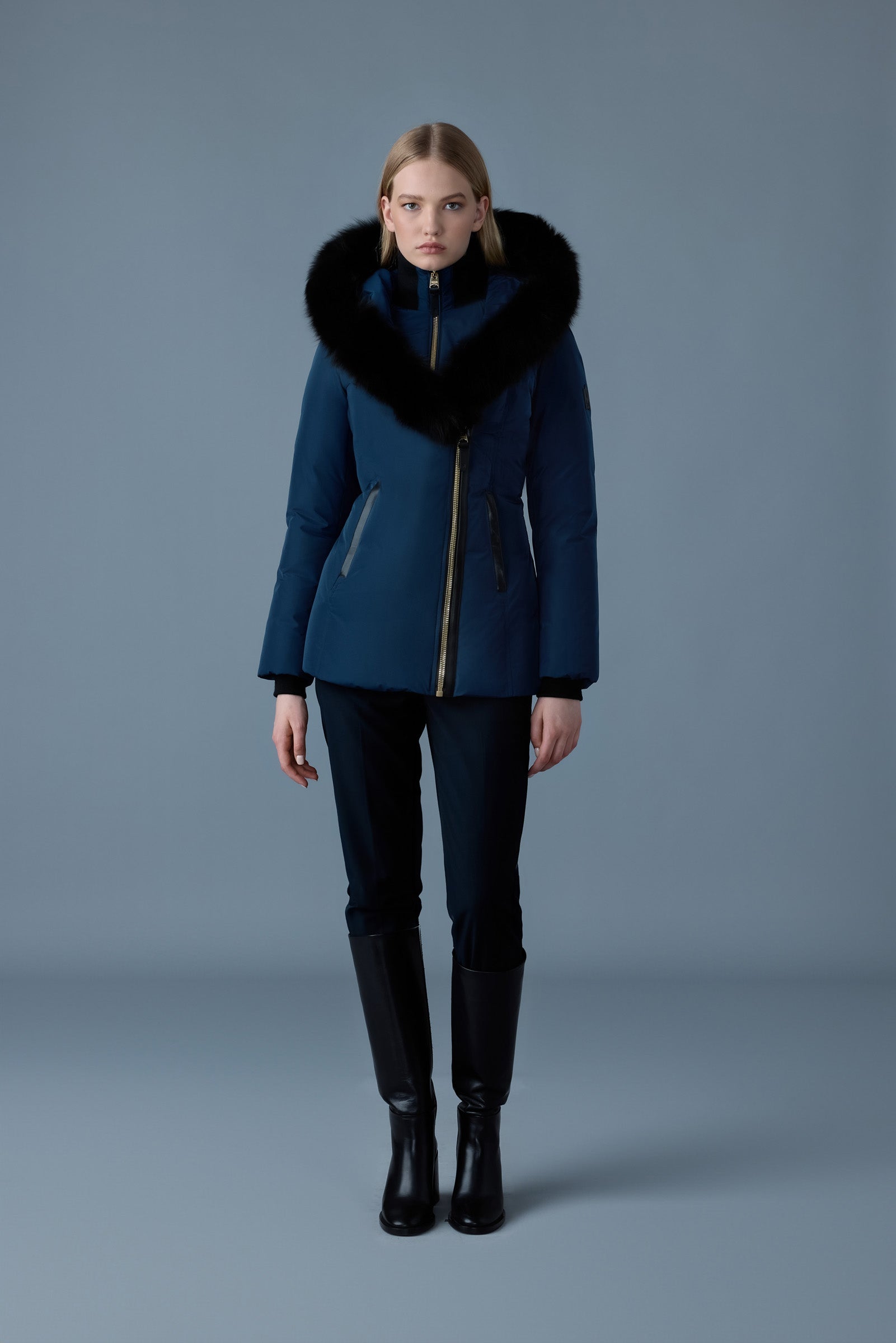 Adélie Dark Navy ADALI-BX Down coat with blue fur for Women | Mackage® CA
