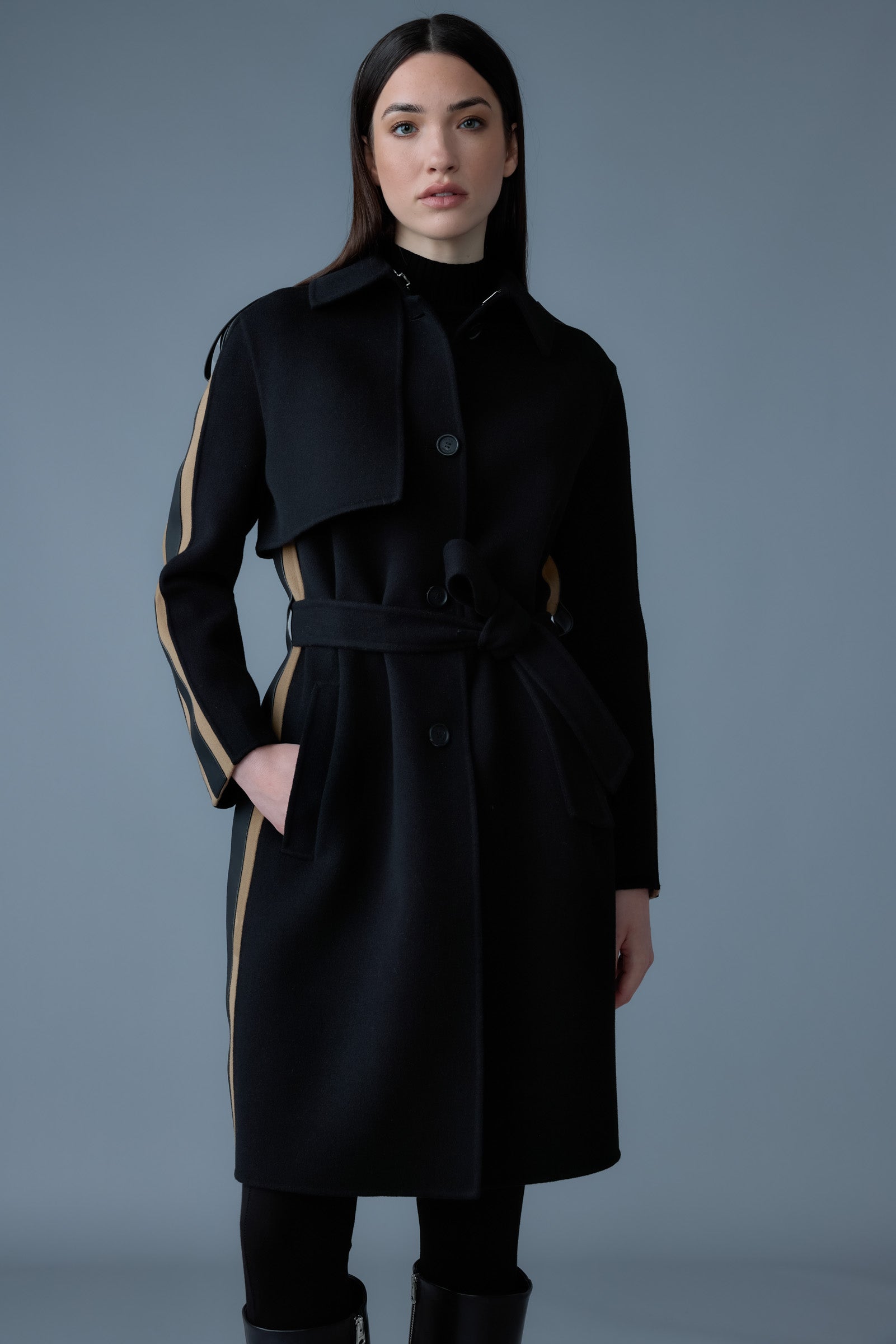 Aliza, double-face wool stripe trench coat | Mackage® Canada