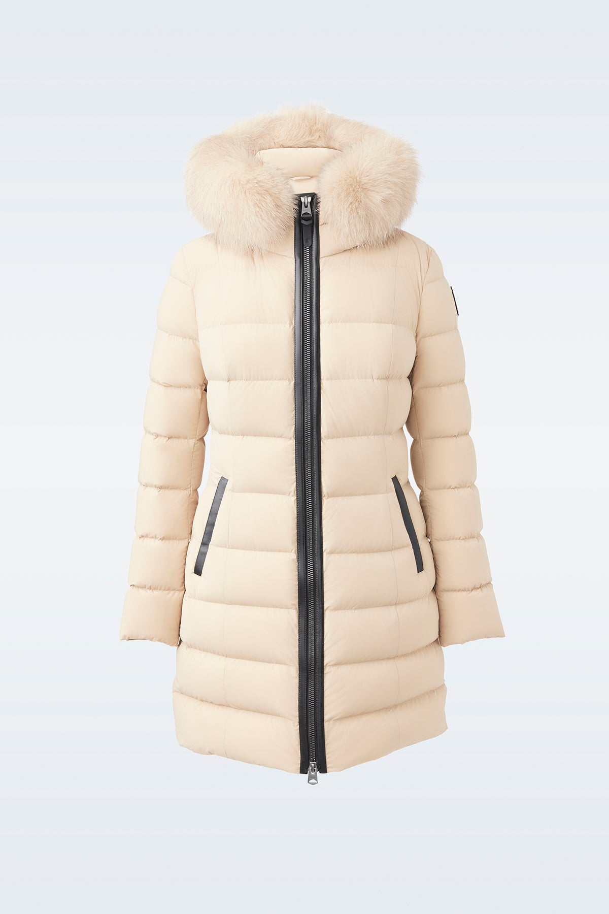 Calla, Agile-360 stretch light down coat with blue fox fur