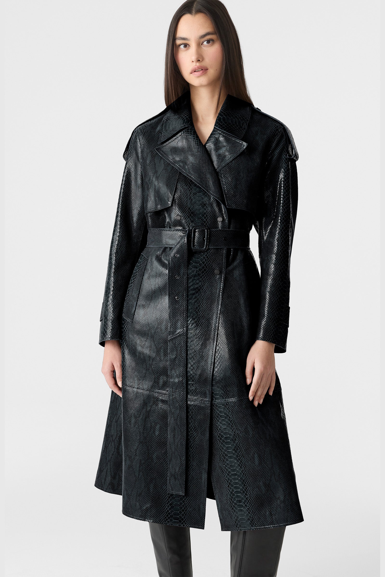 CARMELA-SNK Snake Pattern Leather Trench for Women | Mackage® CA