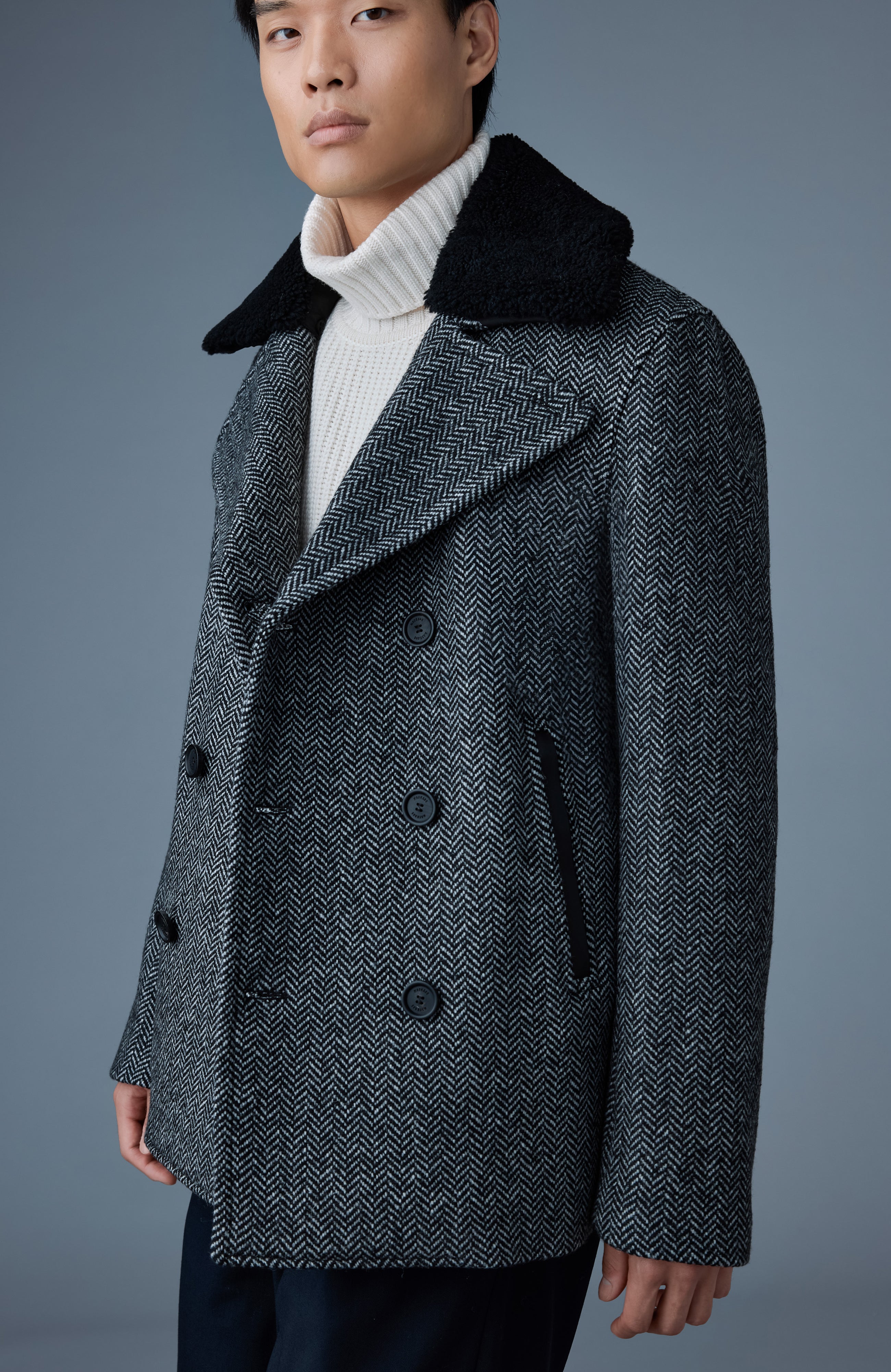 Cole-HB, wool herringbone jacket with shearling collar | Mackage