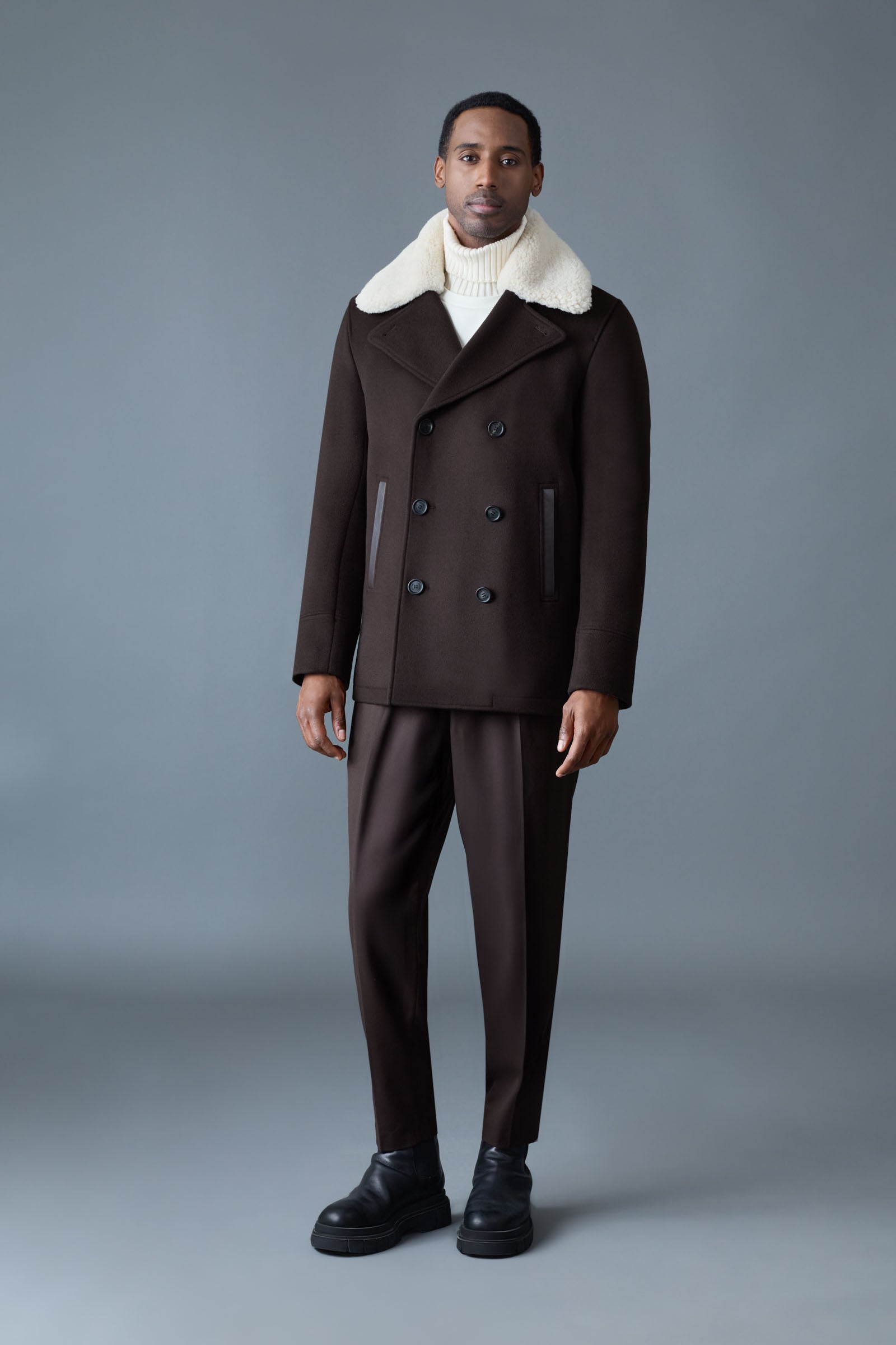 ジャケット・アウター DOUBLE FACE CHECK DOUBLE BREASTED COAT Cole, wool double-breasted jacket with shearling collar | Mackage