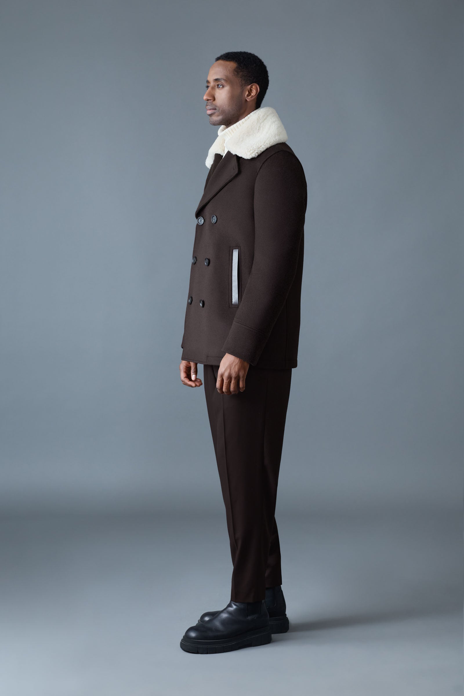 Cole, wool double-breasted jacket with shearling collar | Mackage