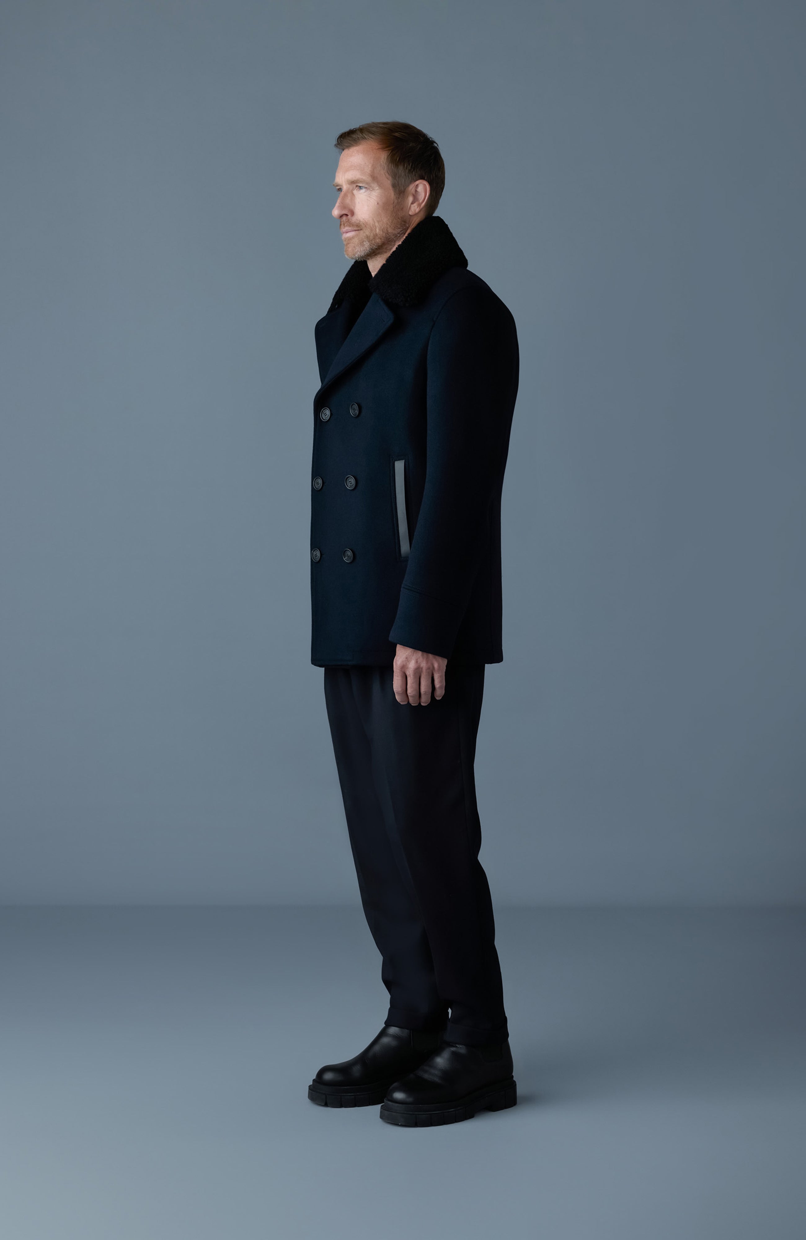 Cole, wool double-breasted jacket with shearling collar | Mackage