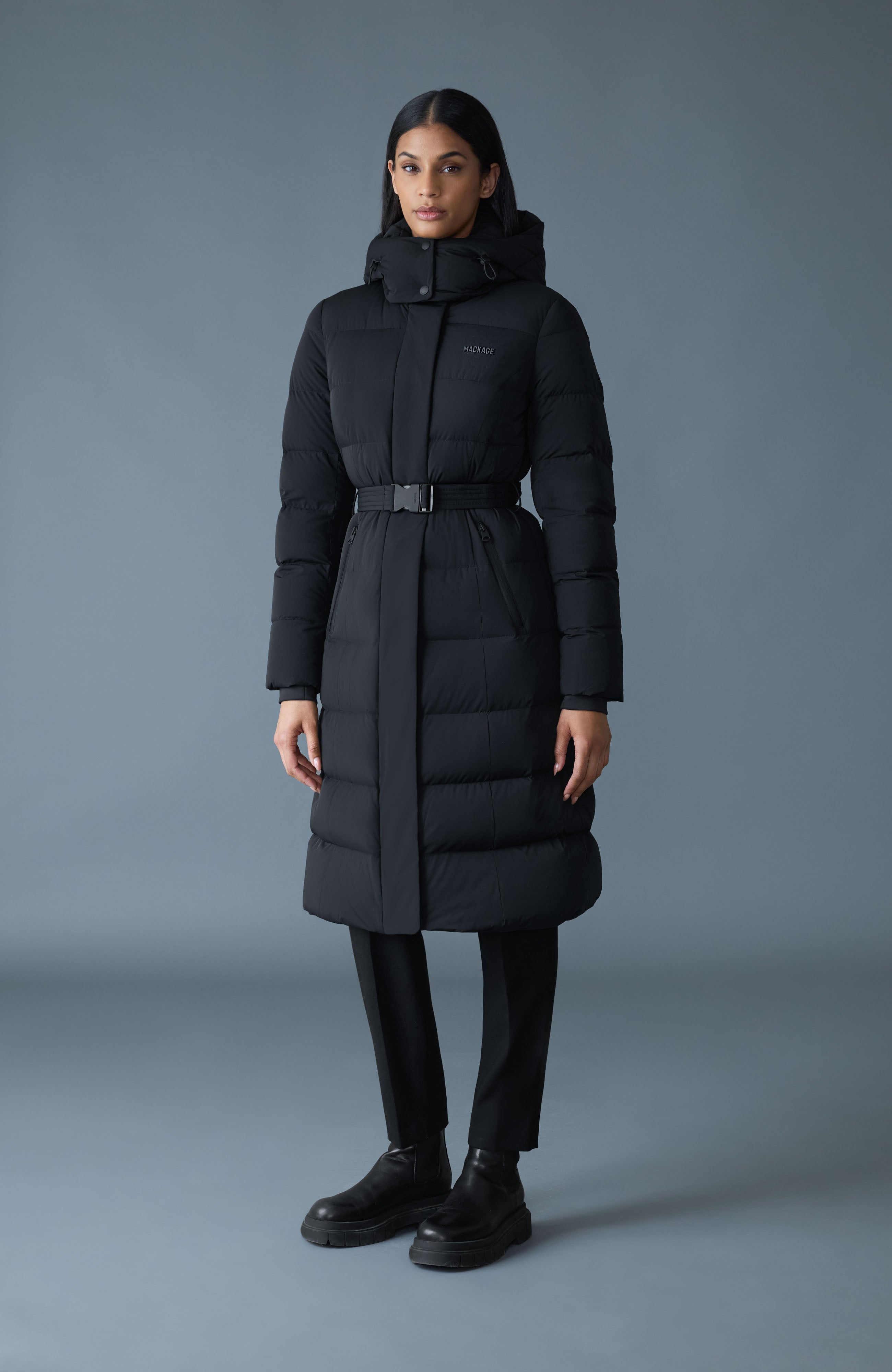 CORALIA-CITY Belted Recycled Down Coat with Storm Visor for Women