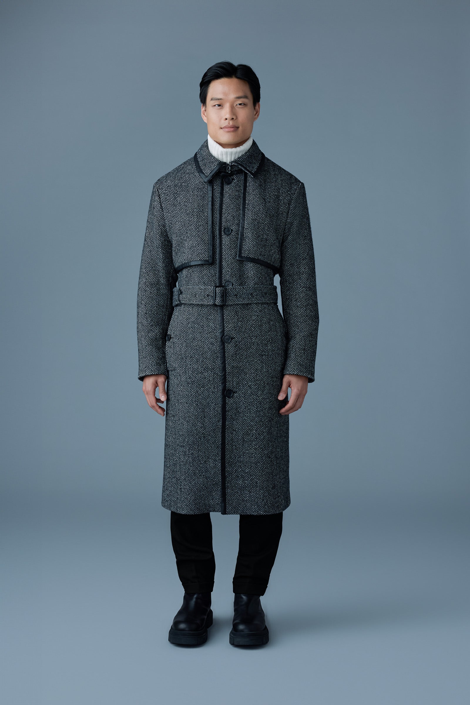 Corbin-HB, herringbone wool trench coat with leather detail