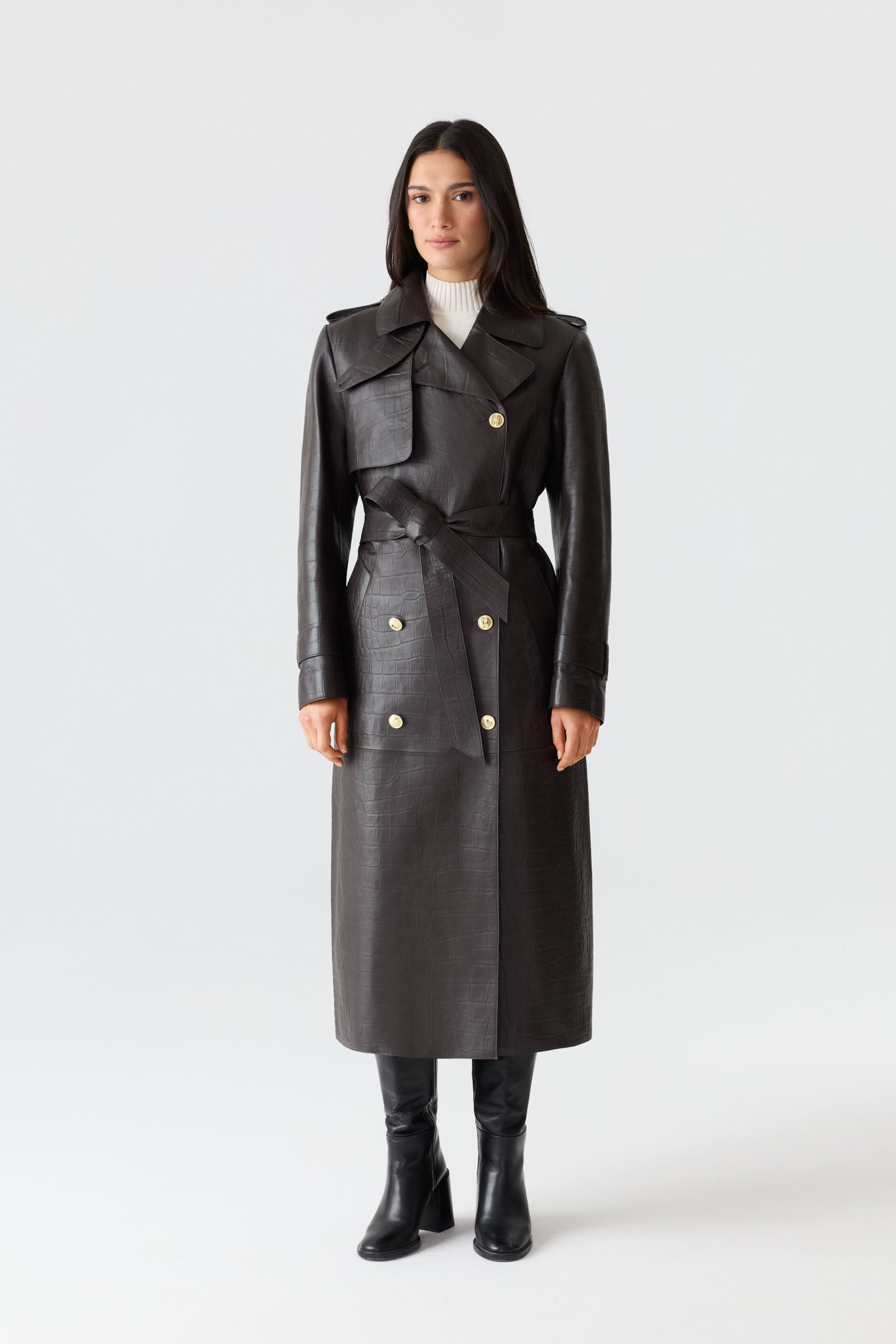 GAEL-NV Croc-Embossed Maxi Leather Trench Coat for Women | Mackage