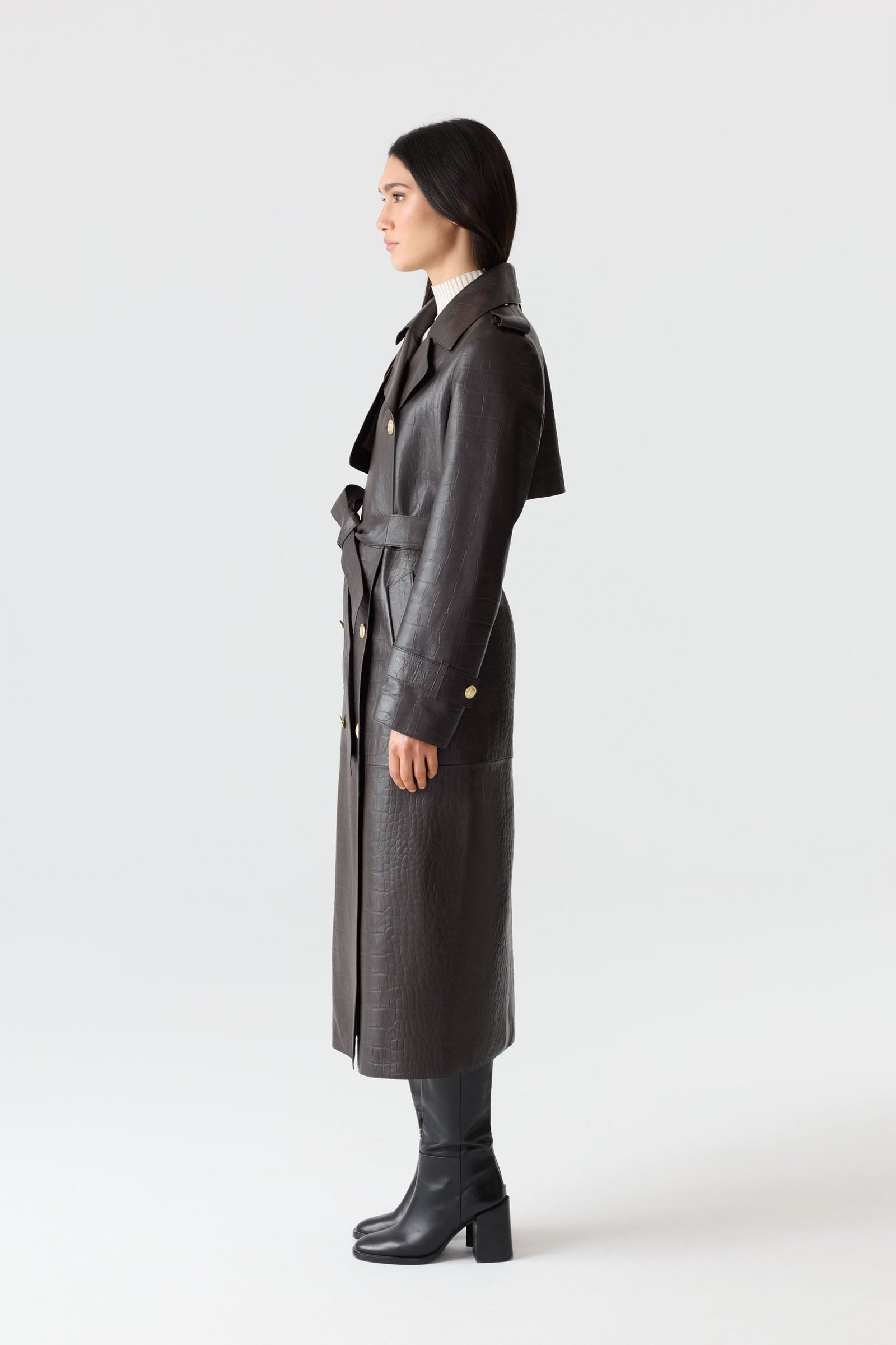GAEL-NV Croc-Embossed Maxi Leather Trench Coat for Women | Mackage® CA