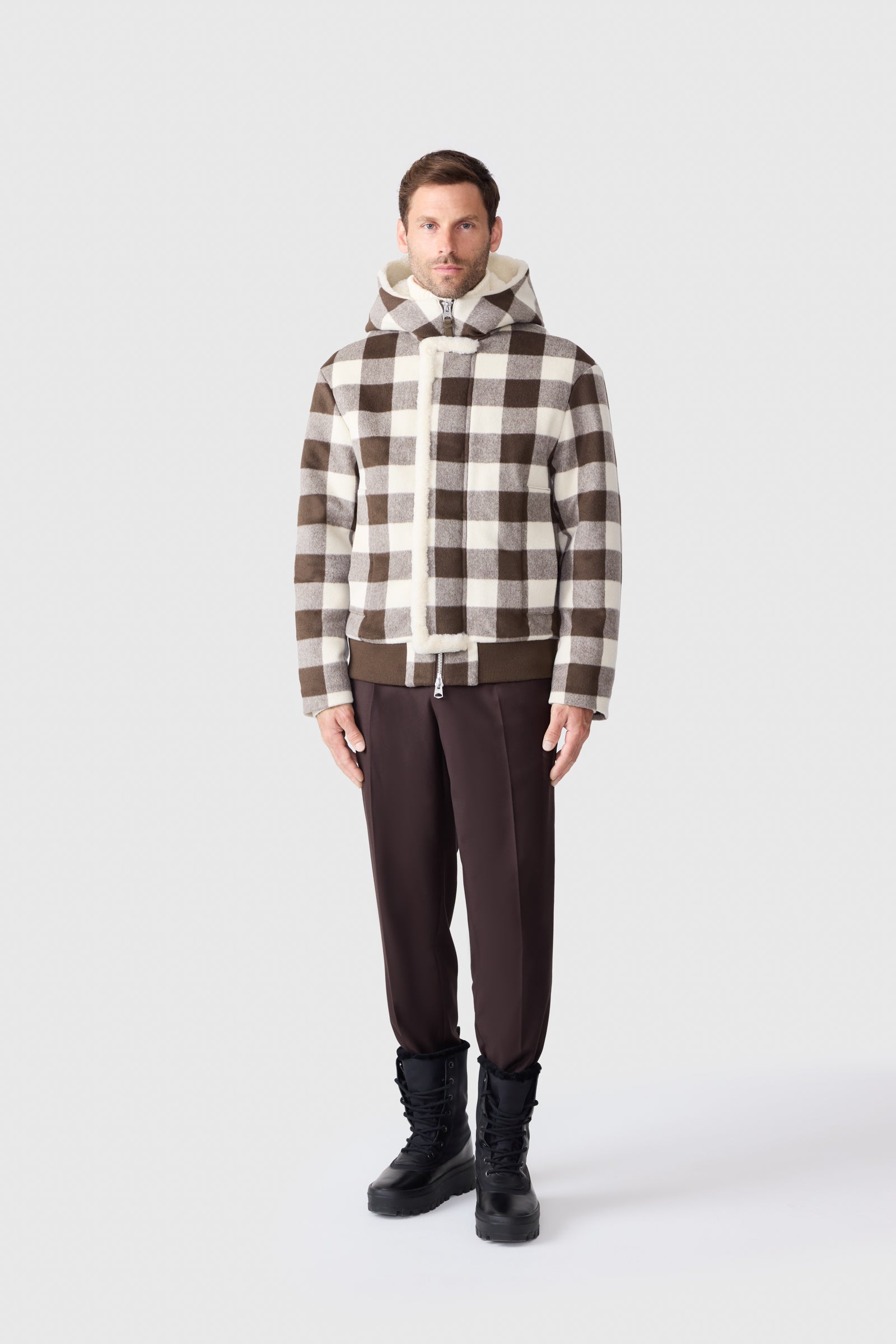 JAY-PL Plaid Wool Jacket With Shearling-Lined Hood for Men