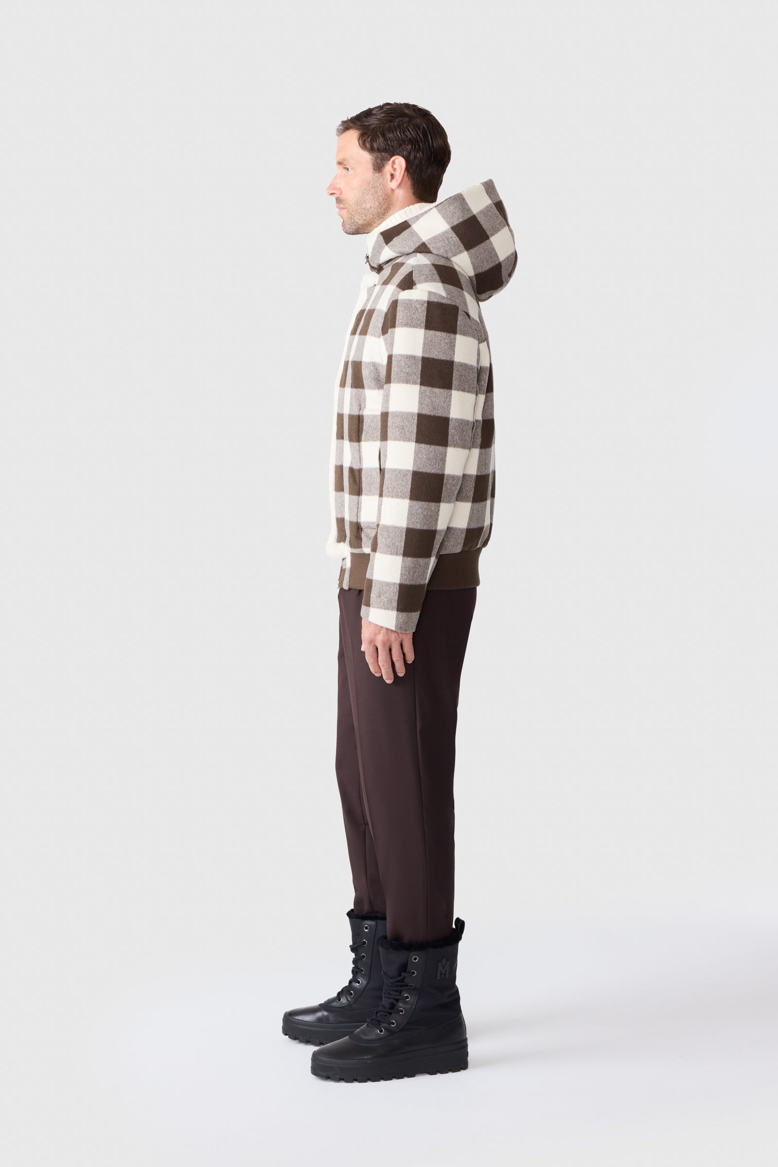 デカ目 M 80s 川久保オム Plaid wool no collar Jkt JAY-PL Plaid Wool Jacket With Shearling-Lined Hood for Men