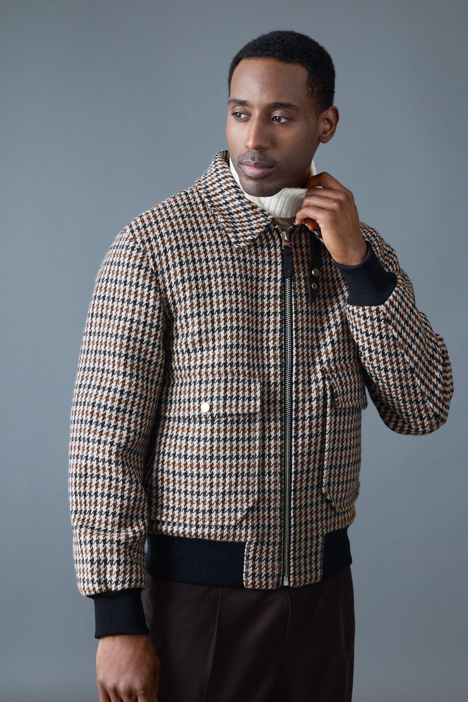 RHETT-HT Houndstooth Wool Bomber with Shearling Collar for Men