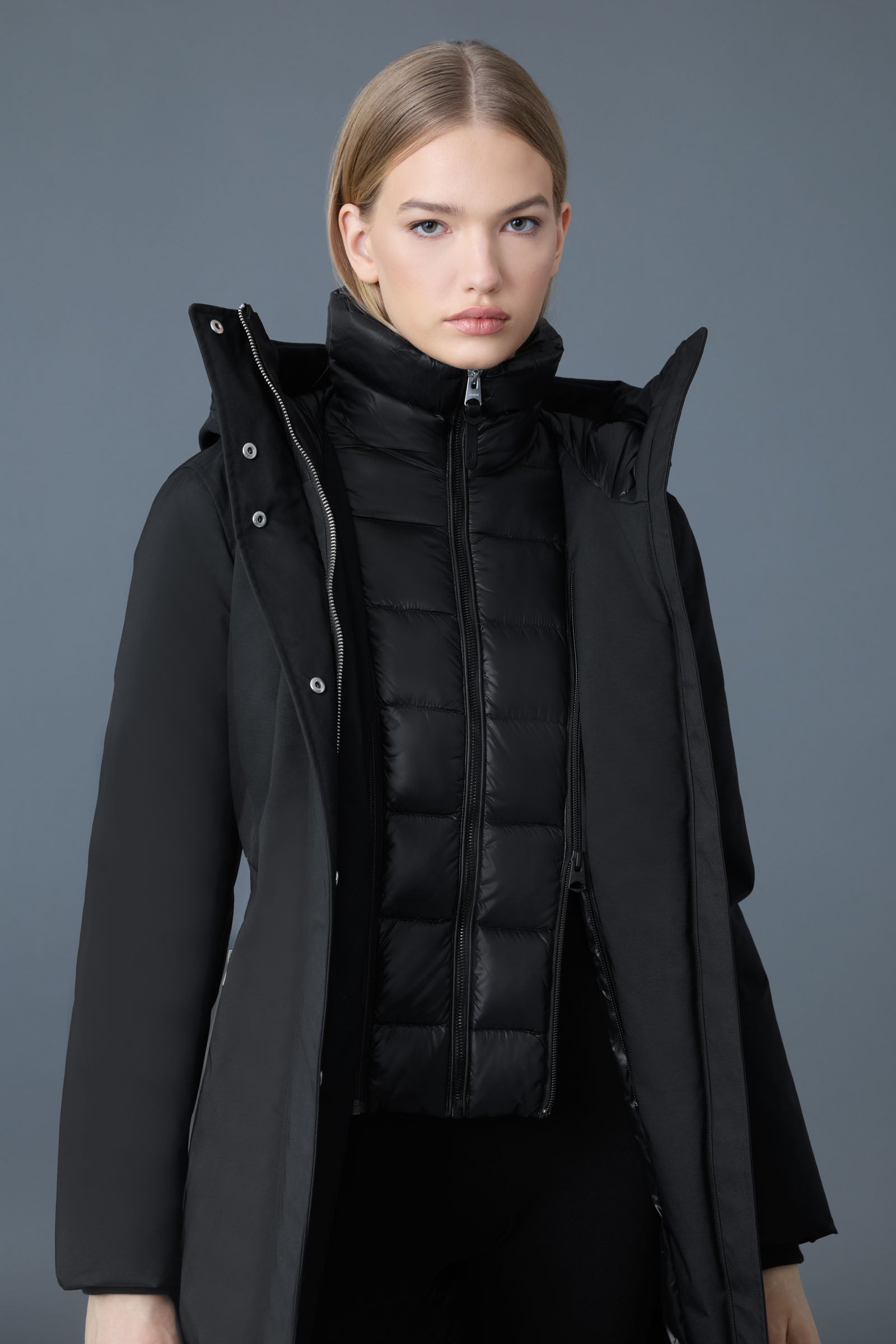 Shiloh-X, 2-in-1 fitted down coat with removable bib and silver