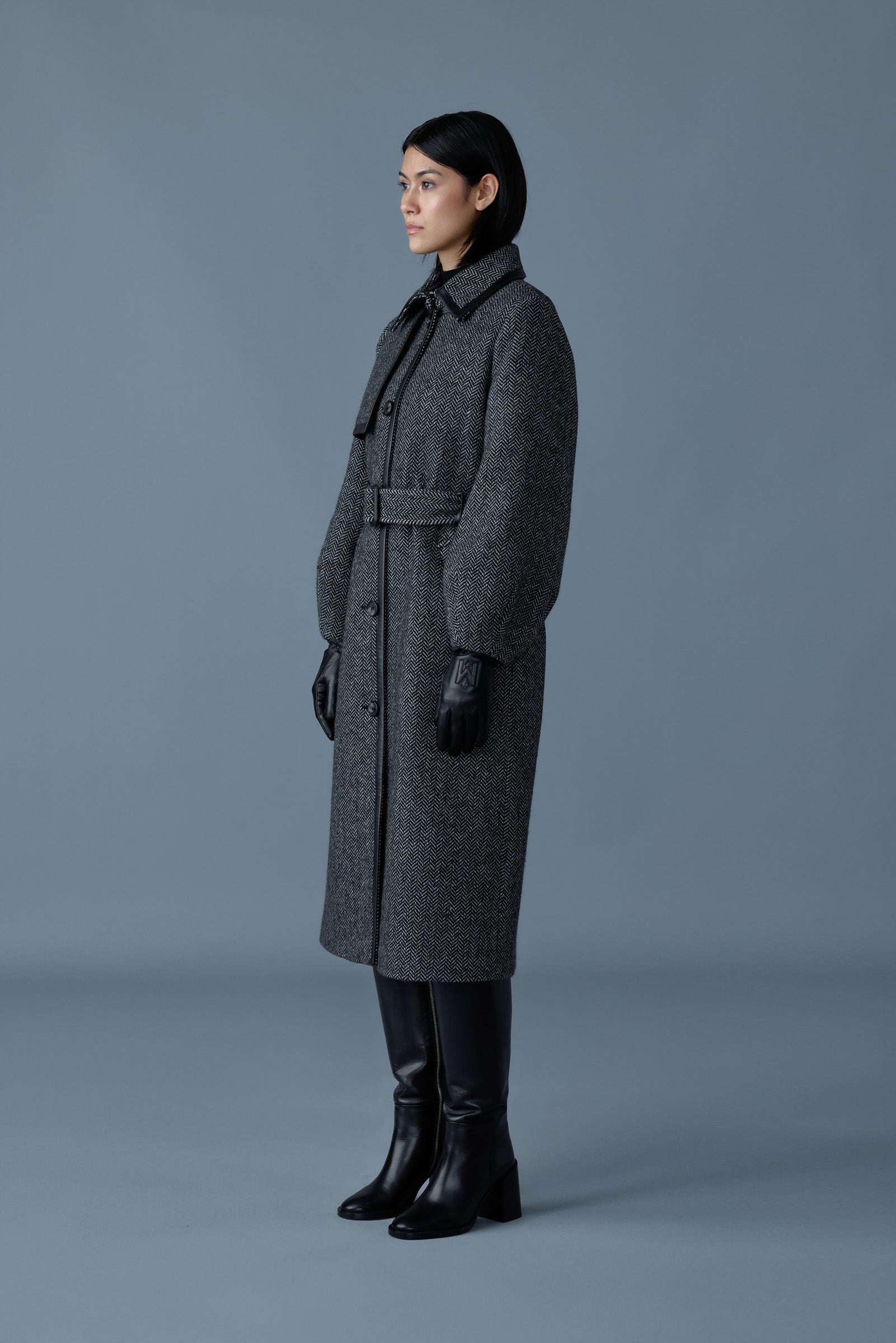 Zeva-HB, long wool herringbone trench with leather detail
