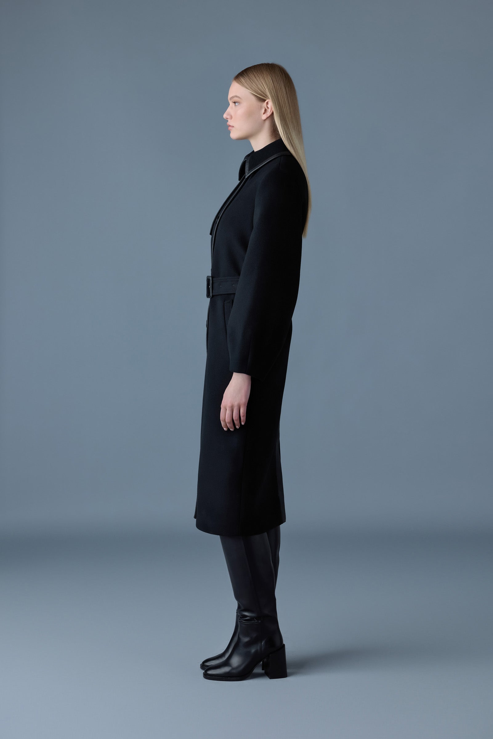 Zeva, long wool balloon sleeve trench with leather detail