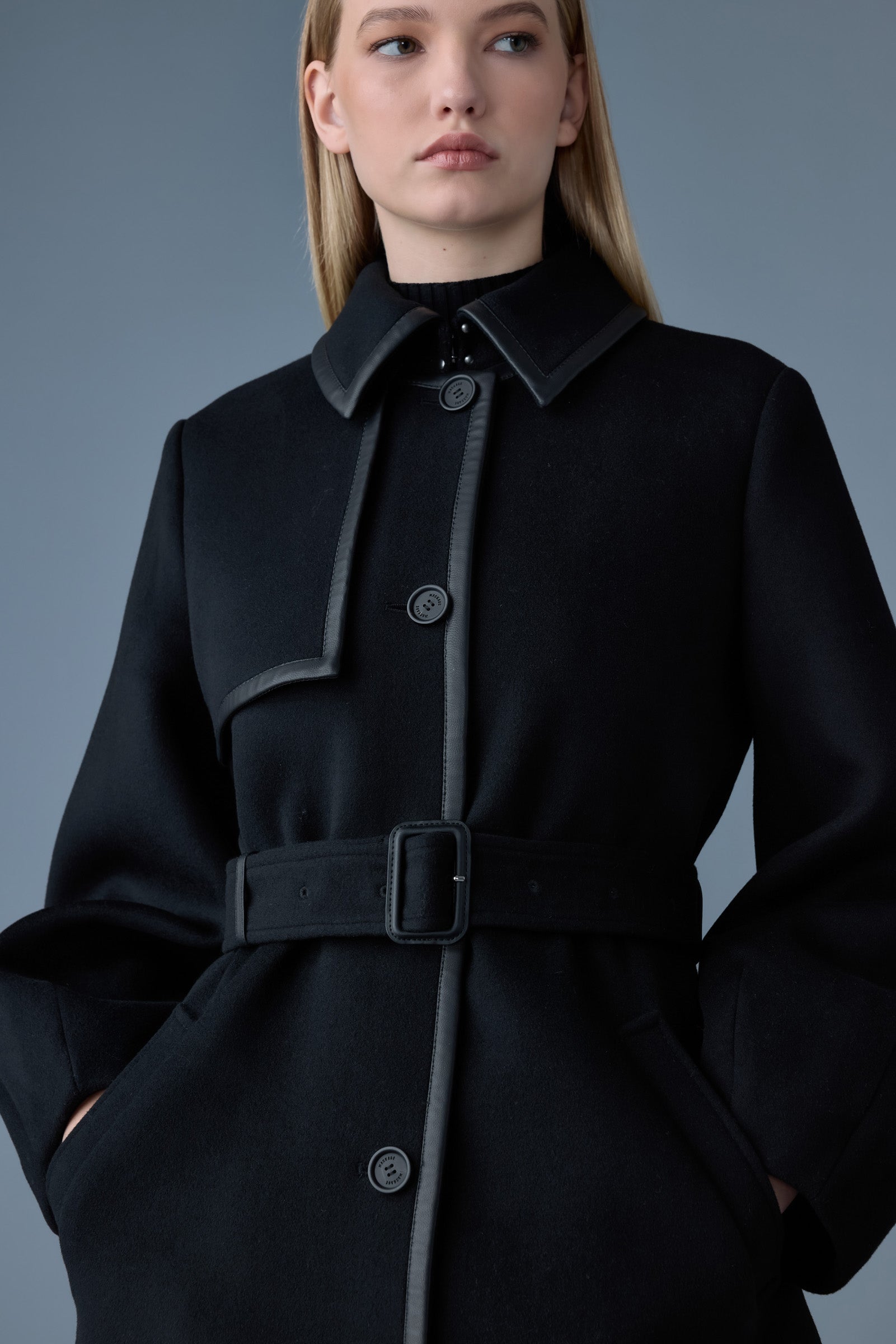 Zeva, long wool balloon sleeve trench with leather detail