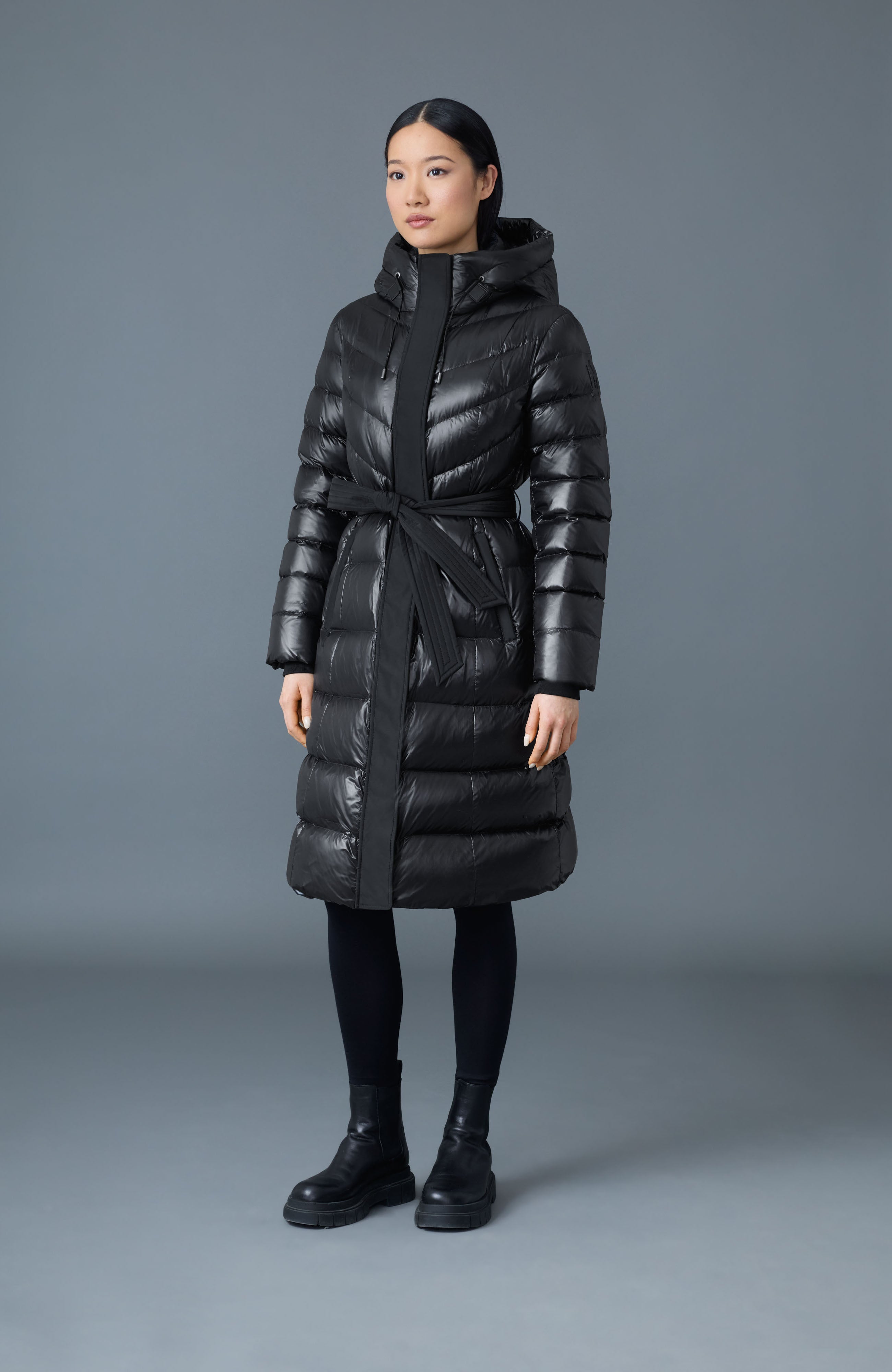 Coralia, Down coat with hood and sash belt for ladies | Mackage