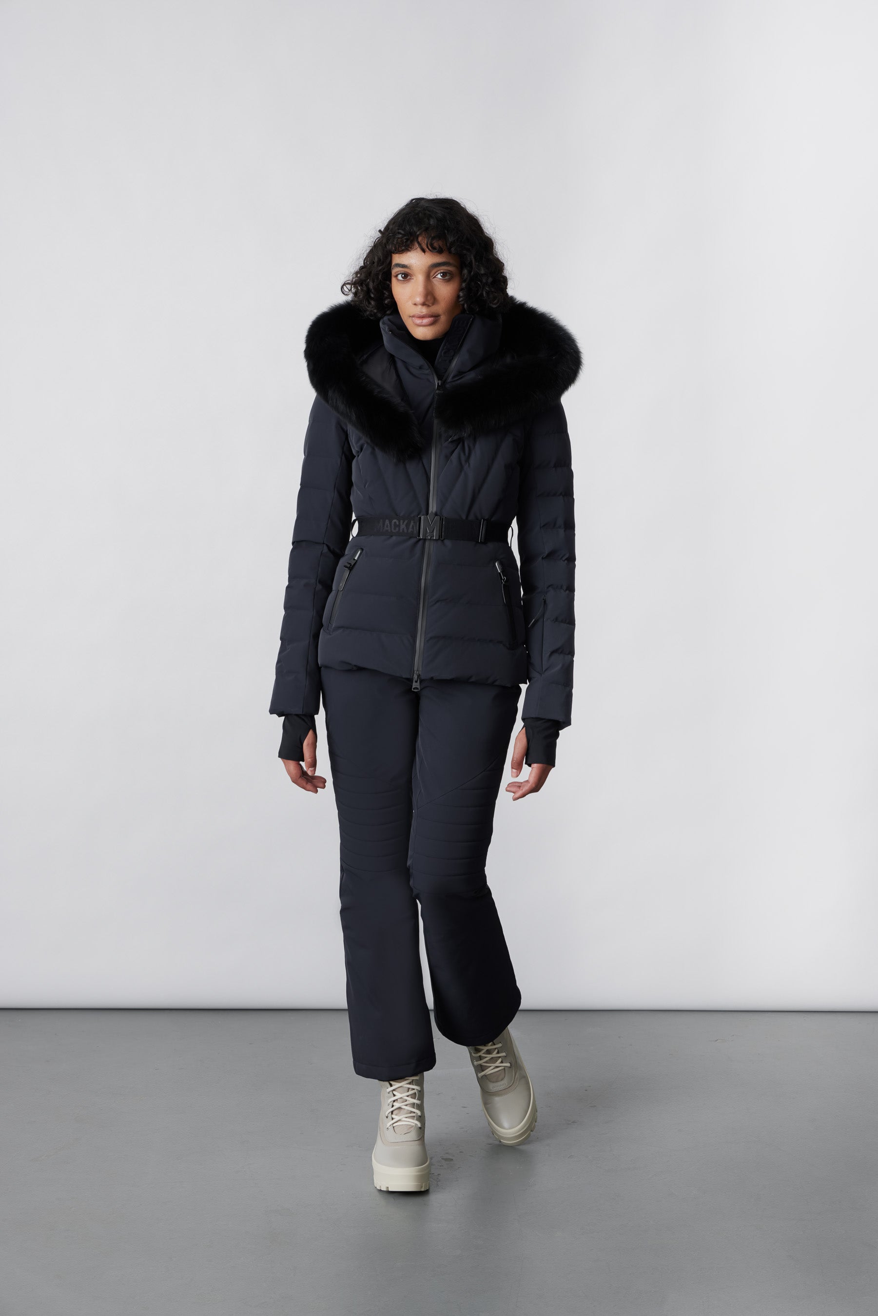 Elita, Down ski jacket with removable blue fox fur trim for