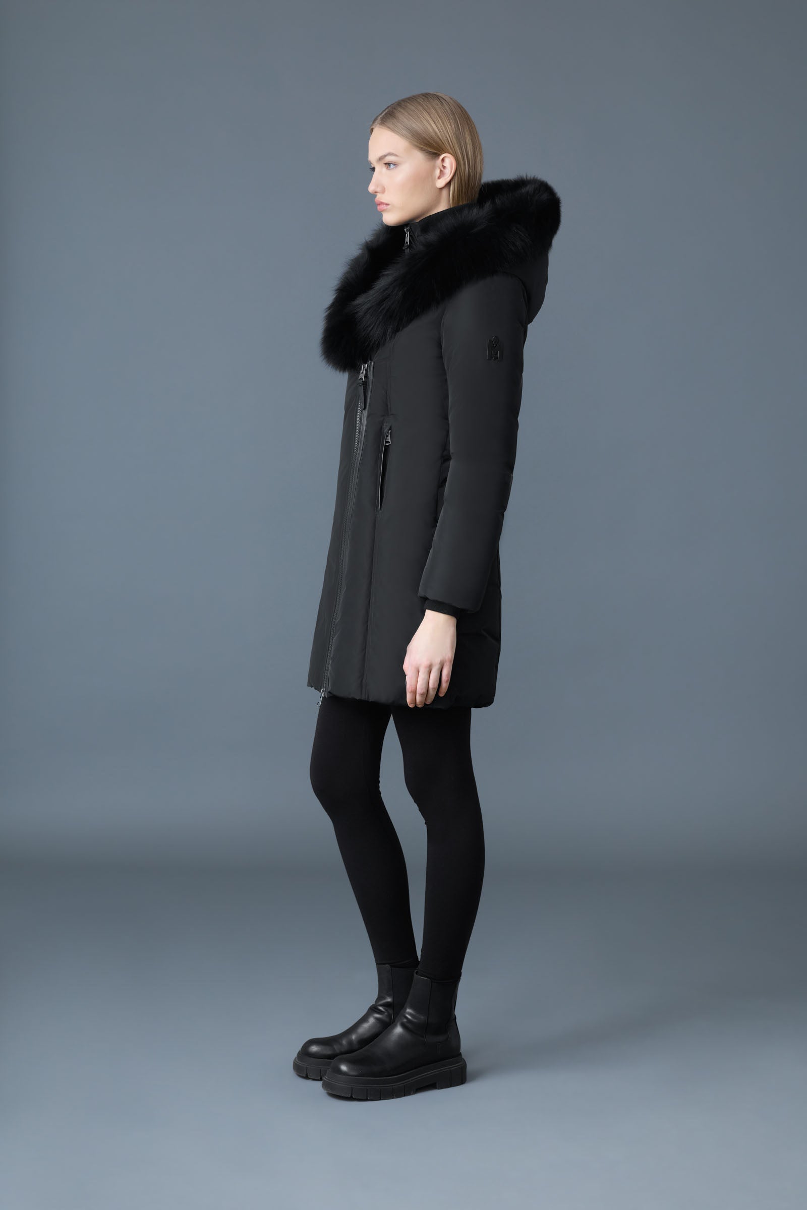 Kay-BX, Down coat with blue fox fur Signature Mackage Collar