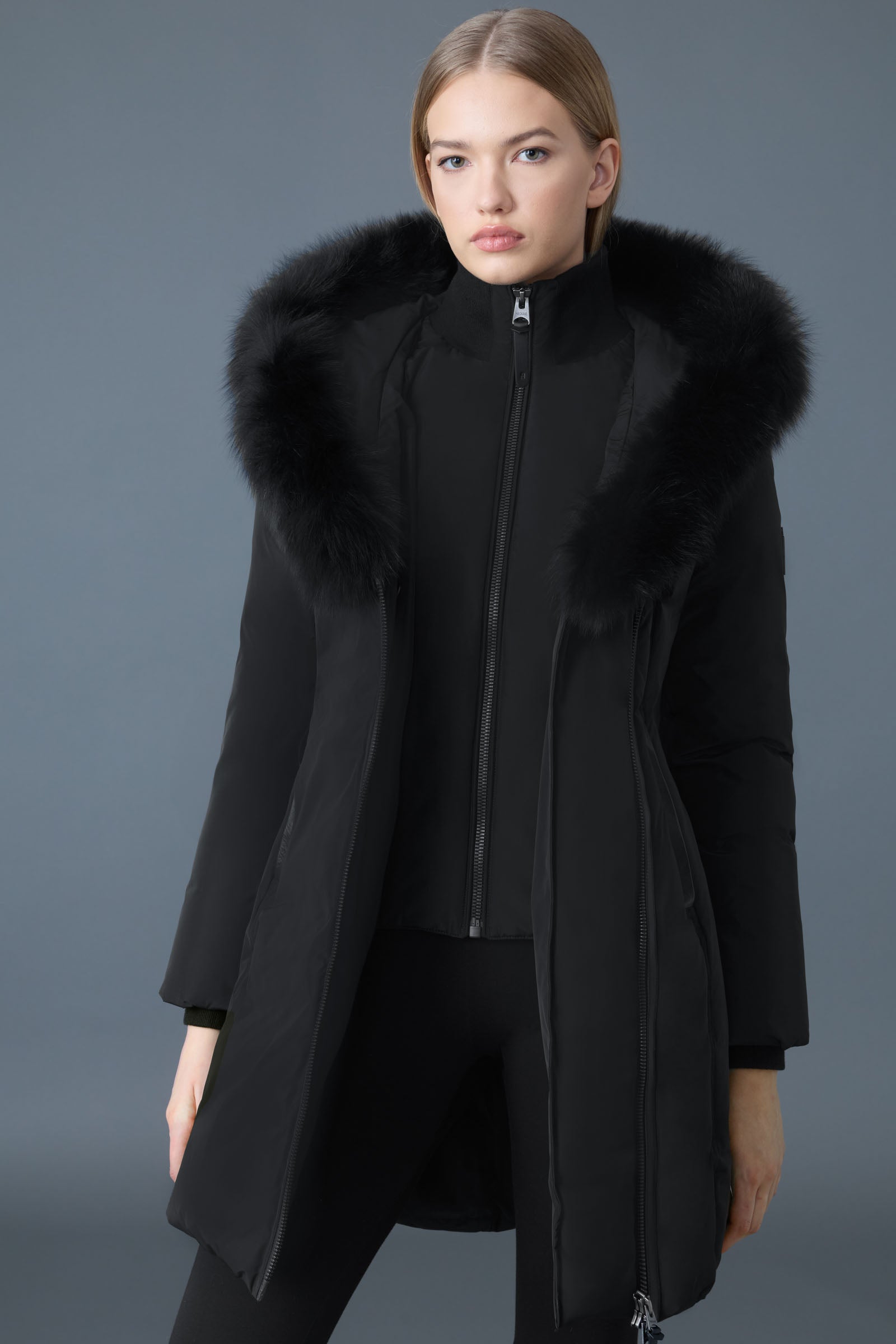 Kay-BX, Down coat with blue fox fur Signature Mackage Collar for