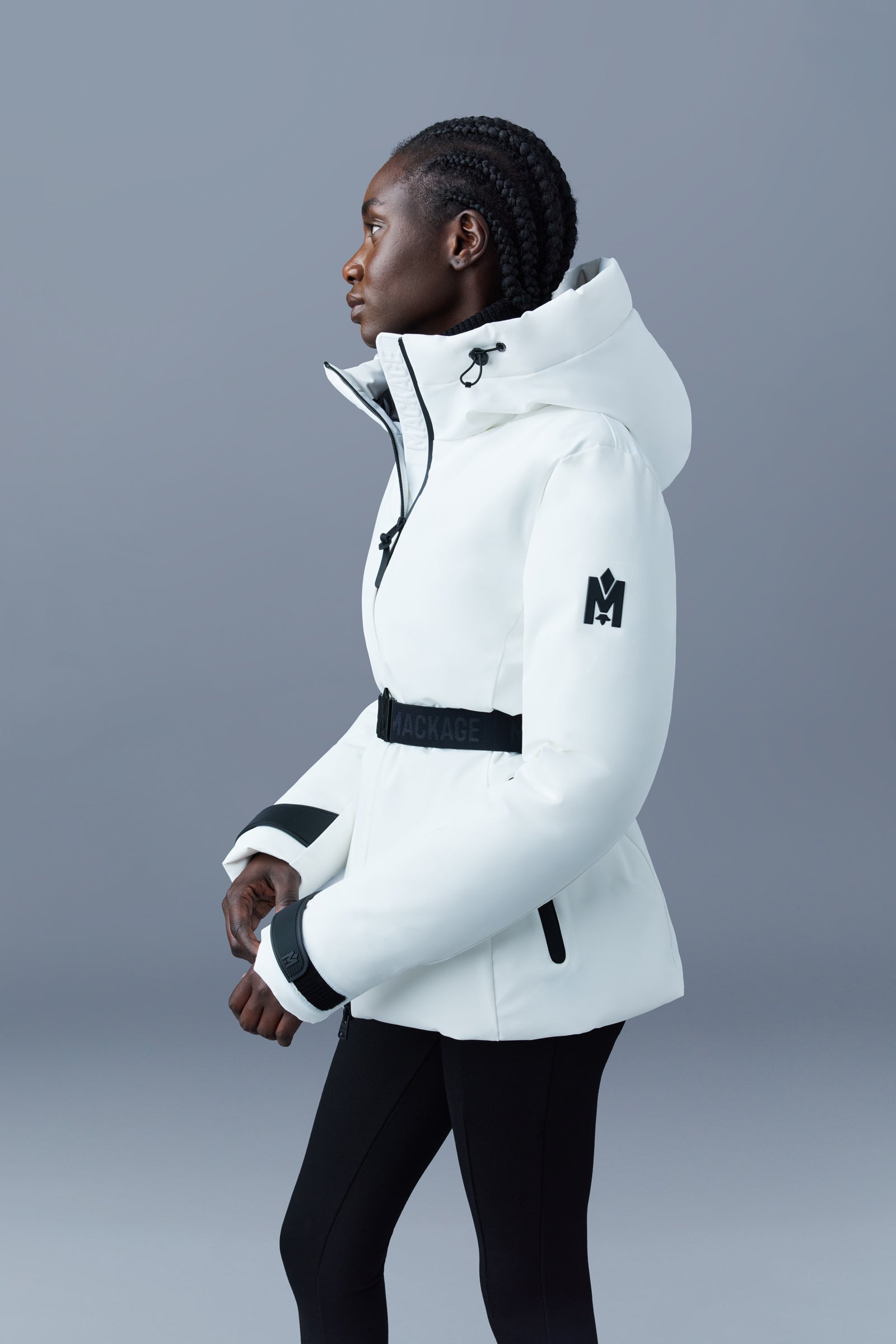 Krystal, Agile-360 belted down ski jacket with hood for ladies