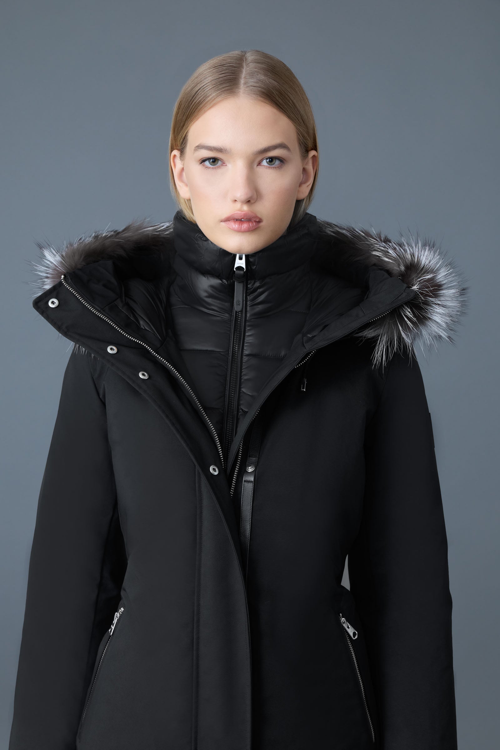 Shiloh-X, 2-in-1 fitted down coat with removable bib and silver