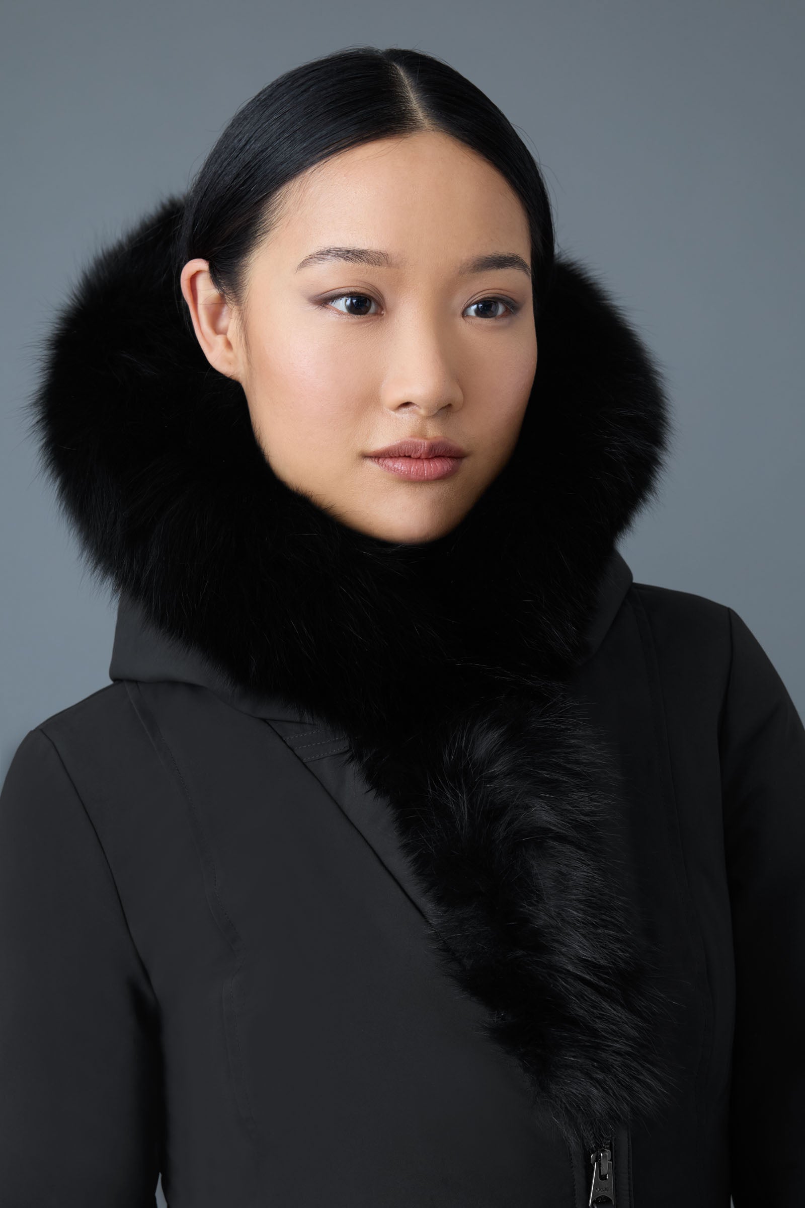 Trish-BX, Powder Touch down coat with blue fox fur Signature