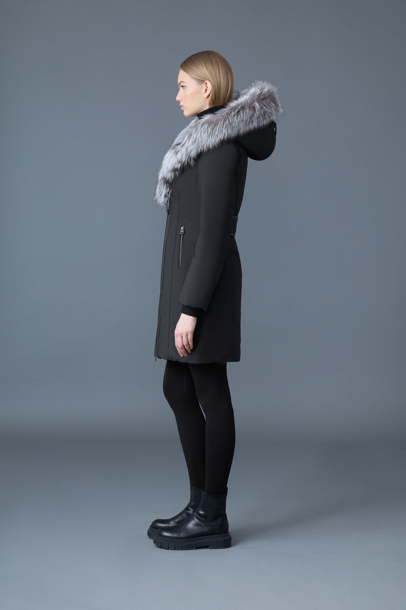 Trish-X, Powder Touch down coat with silver fox fur Signature